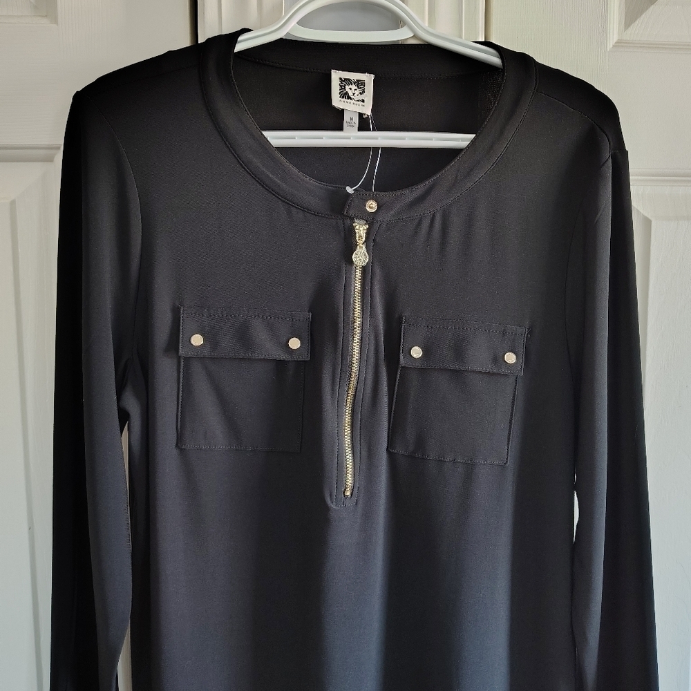 Anne Klein Black Knit Gold Zip Top Blouse M - Picture 2 of 9